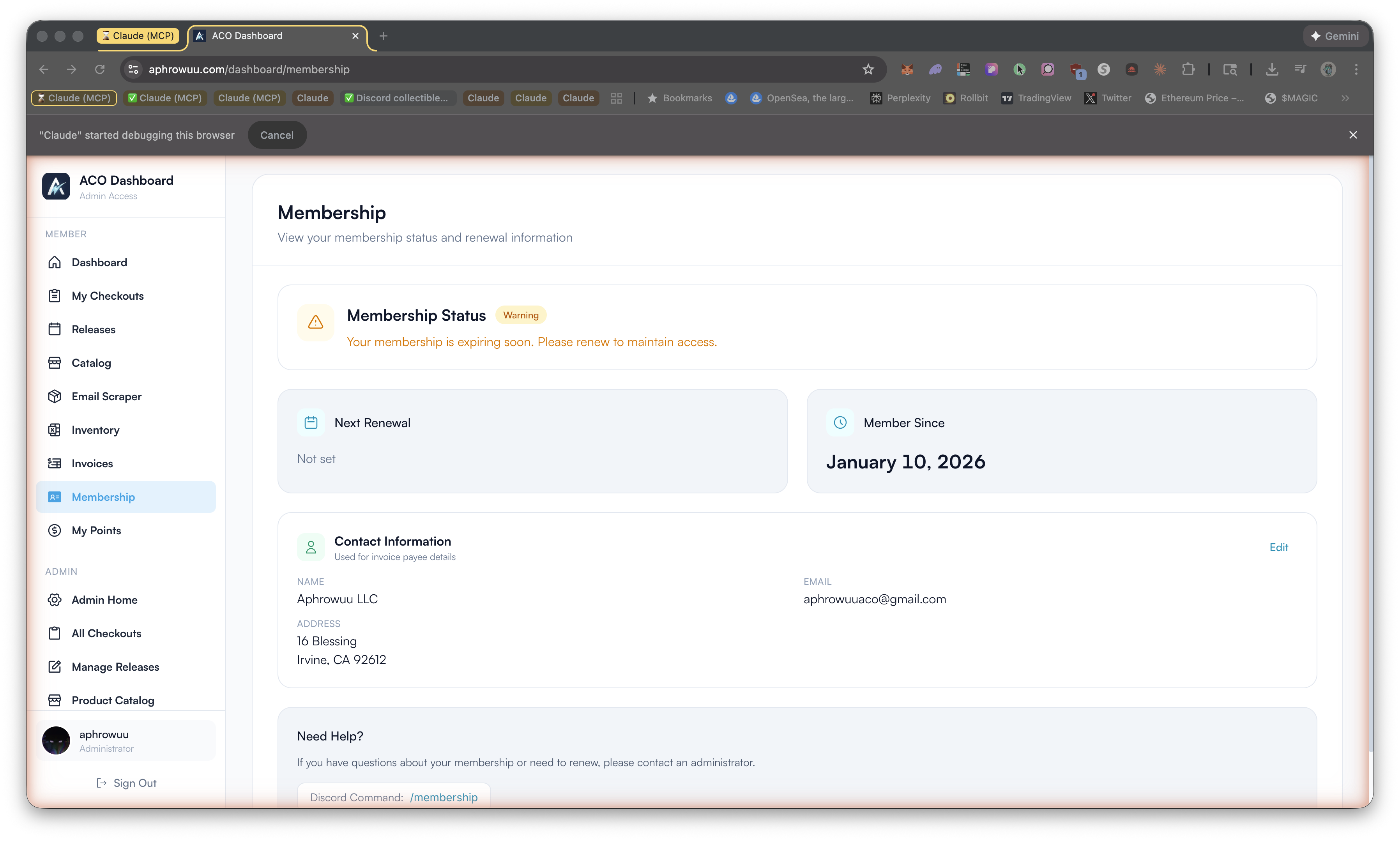 The Membership page showing status, renewal date, member since date, and contact information