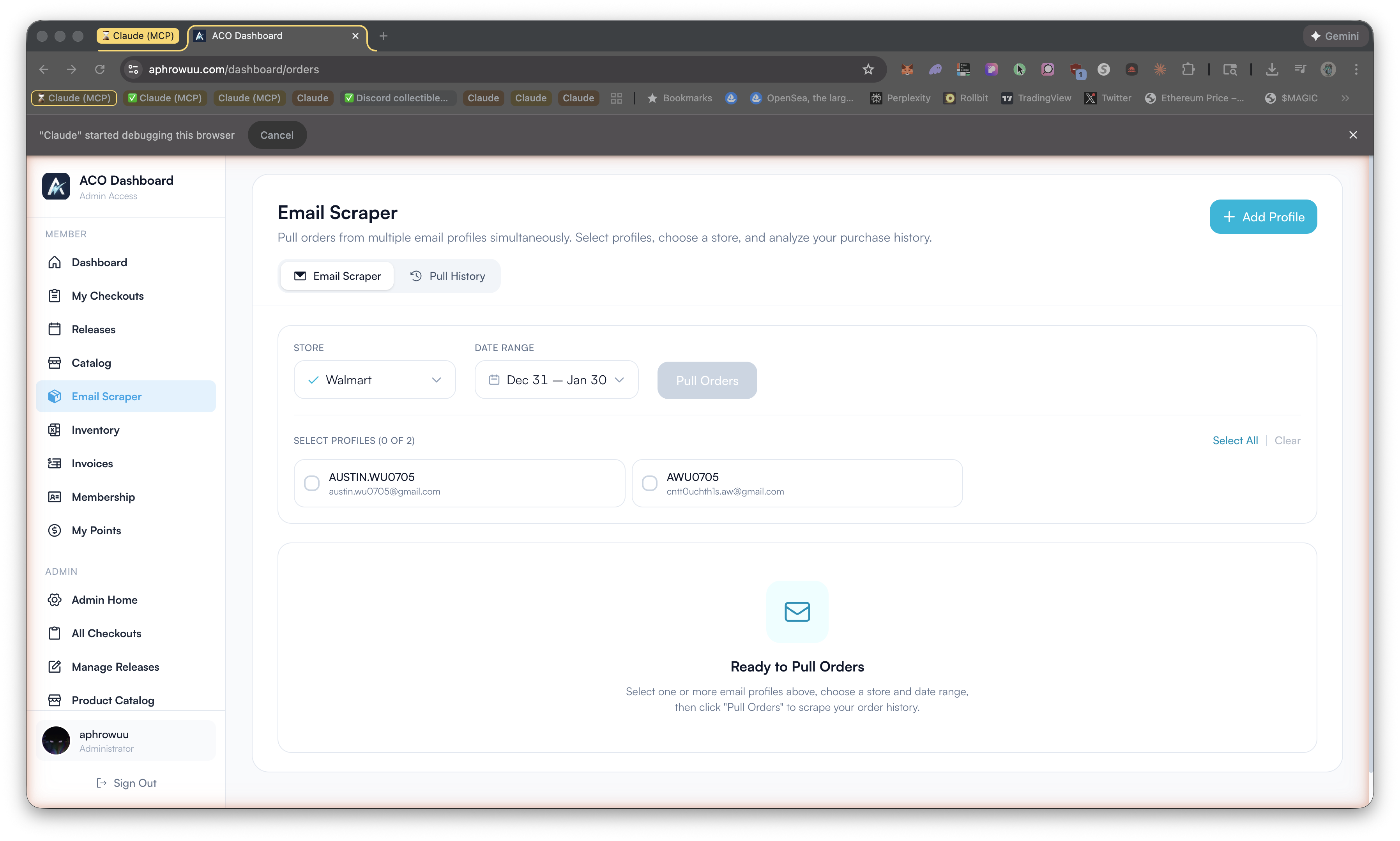 Email Scraper page showing profile selection, store dropdown, and date range picker